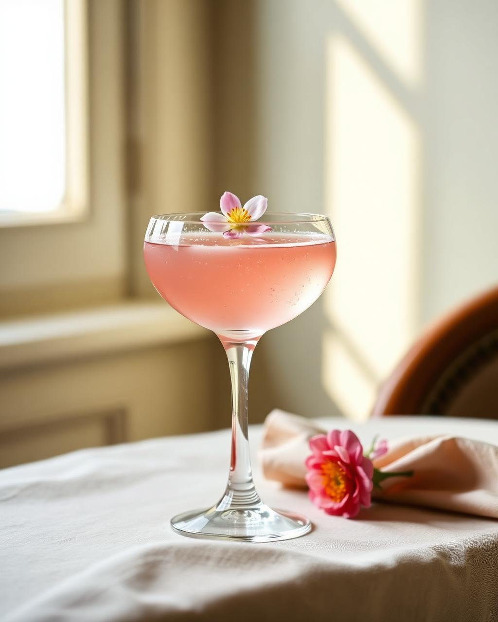 Rose and verjus mocktail in a coupe